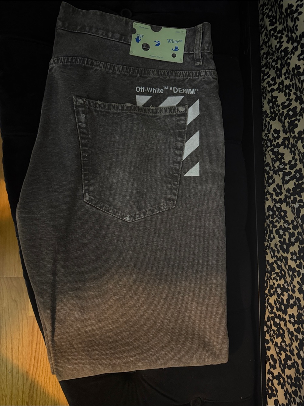 Off-White Slim Washed Gray Jeans with White Diagonal Stripes